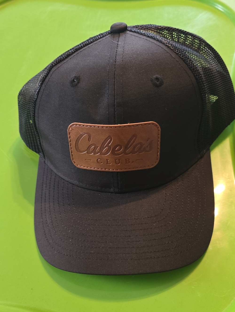 Cabela's Black Trucker Hat with Brown Leather Patch